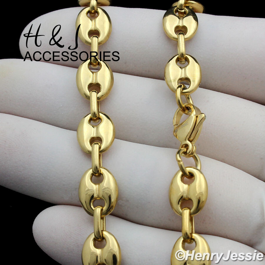 18-40″MEN Stainless Steel 8mm Gold Plated Puffed Mariner Chain Necklace*AGN164