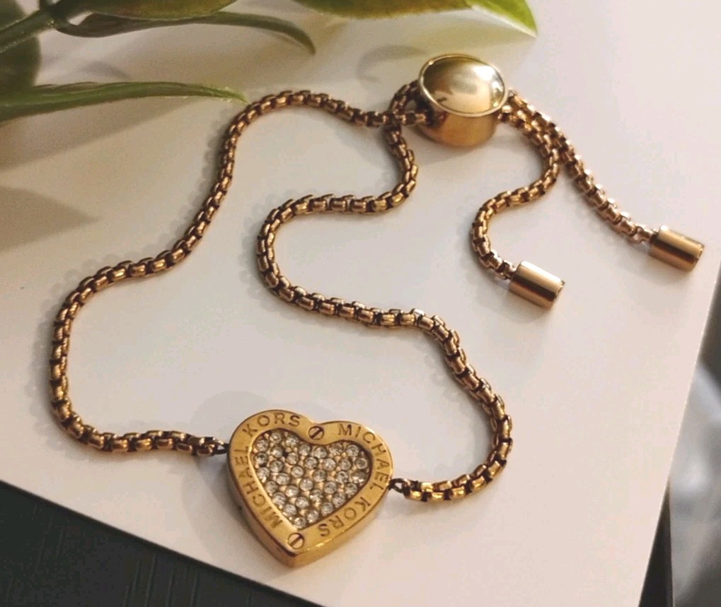 MICHAEL KORS Warm Golden Tone Pave HEART Signed Adjustable Slider Bracelet!