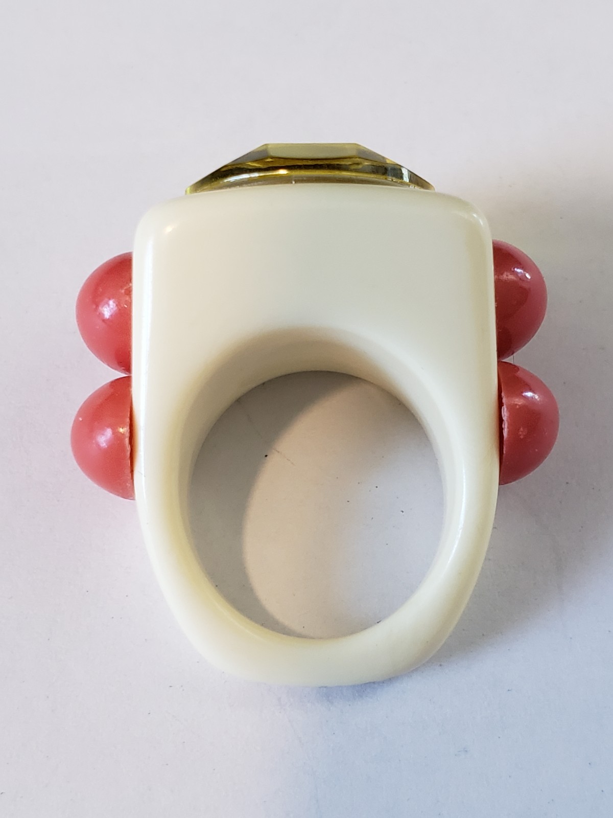 Signed La Manso Ring White Dark Pink Side Cabochons Yellow Faceted Top Sz 5