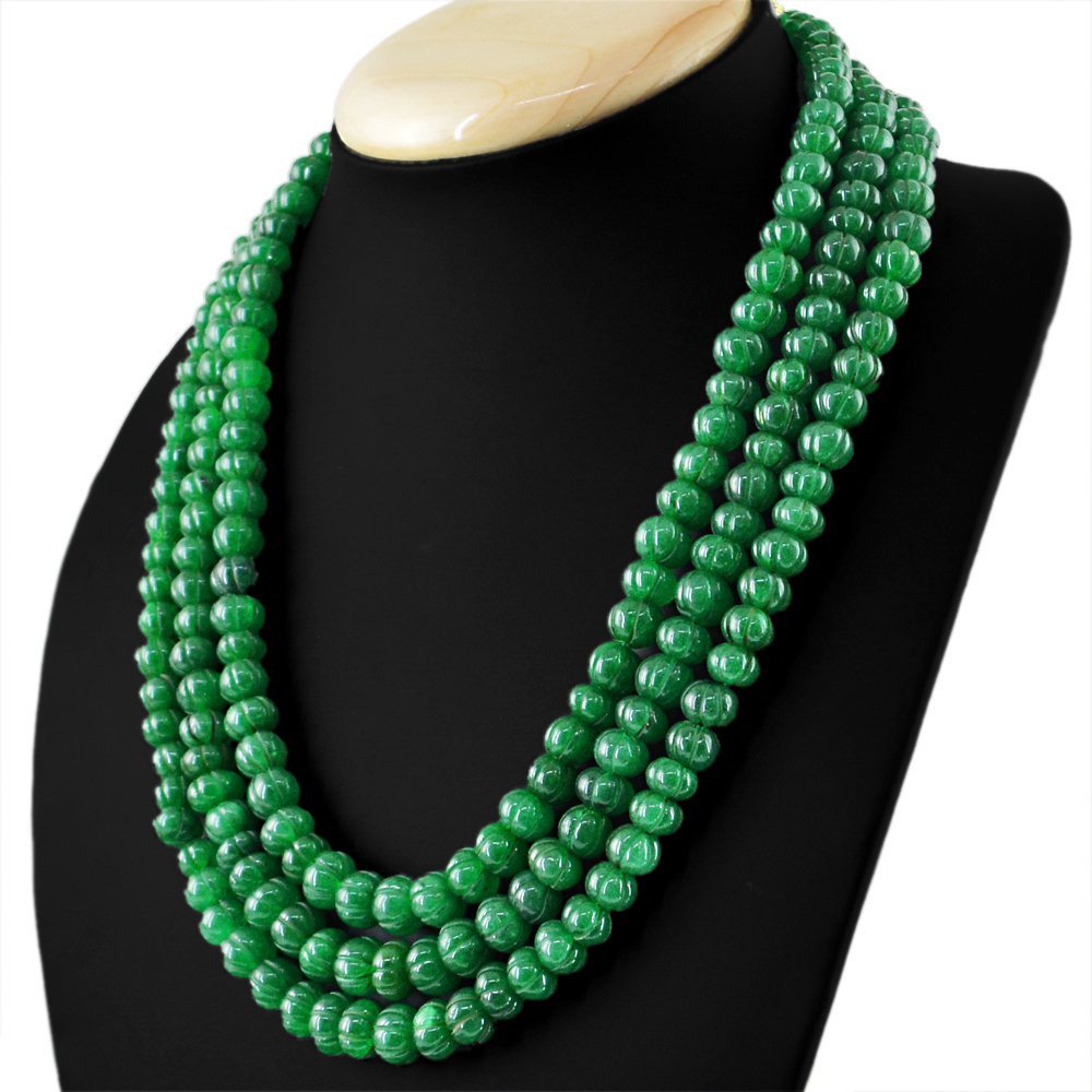 740.00 Cts Earth Mined 3 Strand Rich Green Emerald Round Carved Beads Necklace