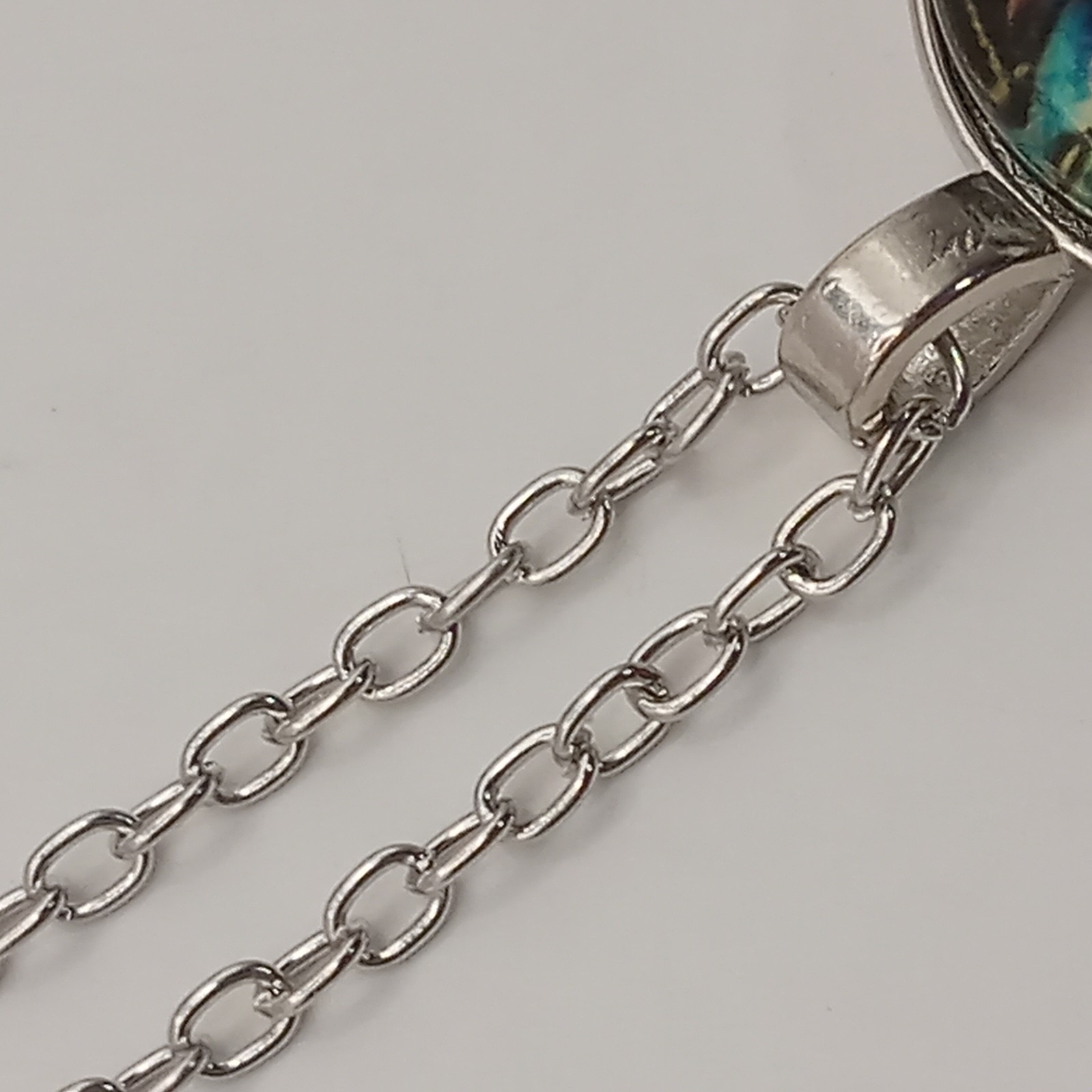 Celestial Necklace Oval Blue Pendant Astrological Symbols Silvertone Chain
