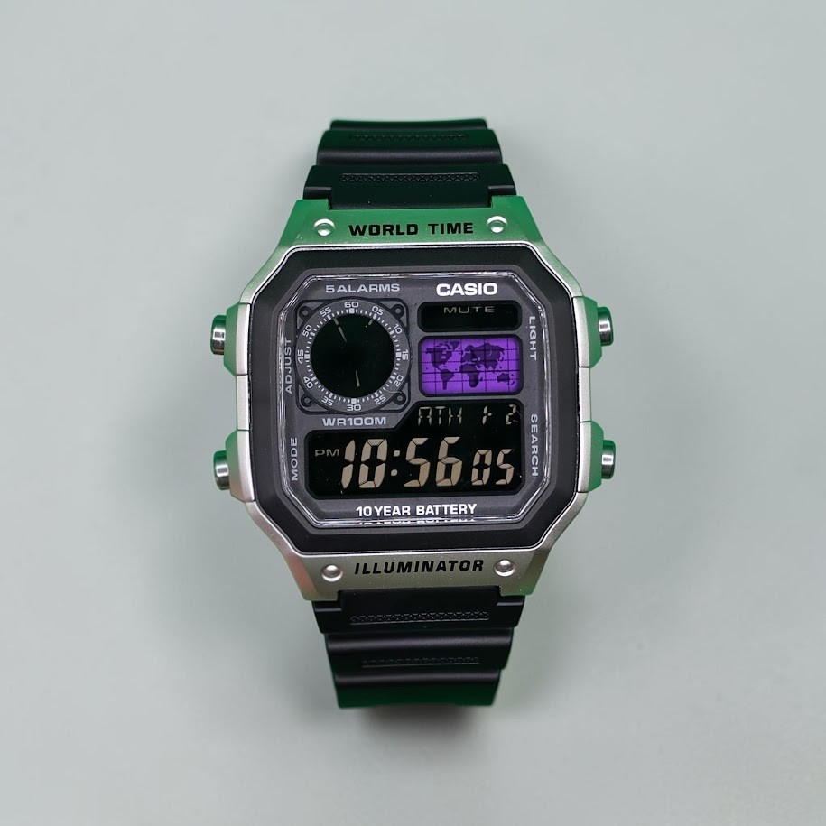CASIO AE-1200WHD. Royale Watch Mod. Negative Display. Purple World Map