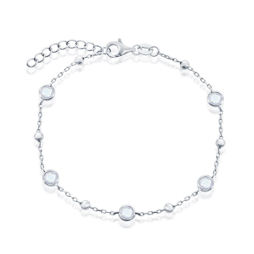 Sterling Silver Sparkling Bezel-Set CZ & Bead Bracelet – White Rhodium Plated