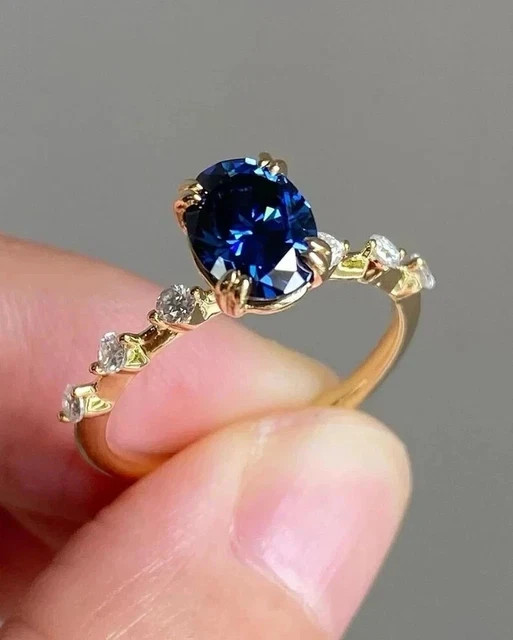 2CT Oval Cut Simulated Blue Sapphire Engagement Ring 14K Yellow Gold Plated