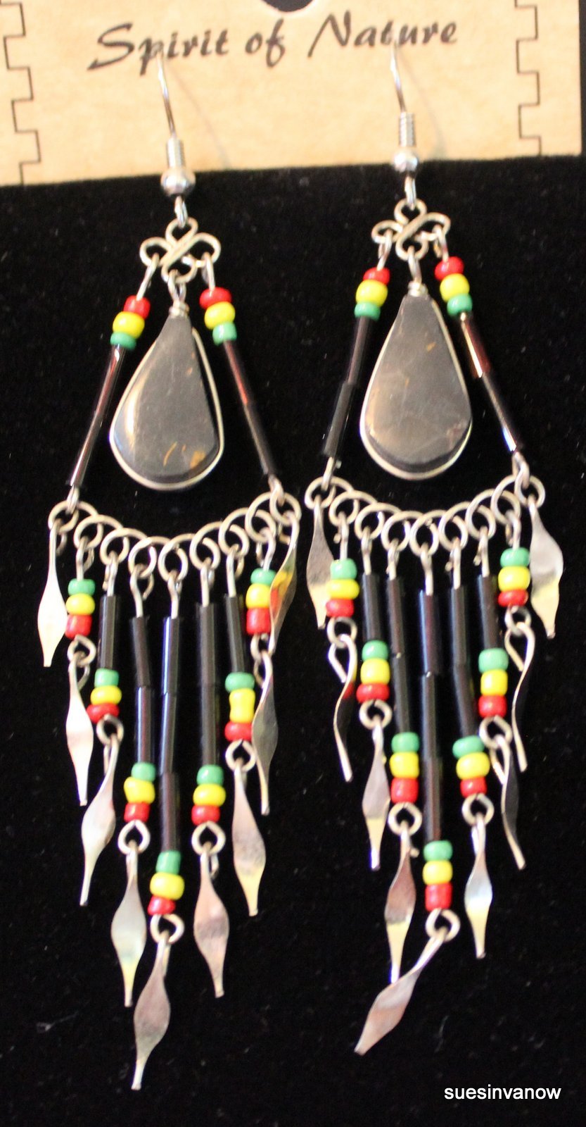 Handmade Stone Bamboo Earrings Native Design Casual Cute Playful 3.5″ Drop D-2