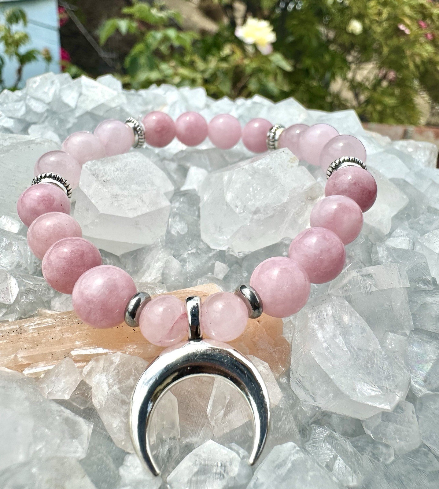 High Quality Kunzite And Rose Quartz Bracelet With Silver Plated Crescent Moon