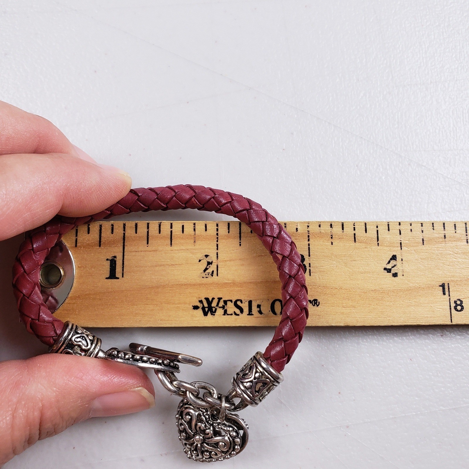 Burgundy Braided Leather Heart Charm Toggle Bracelet Silver Tone Filigree Boho
