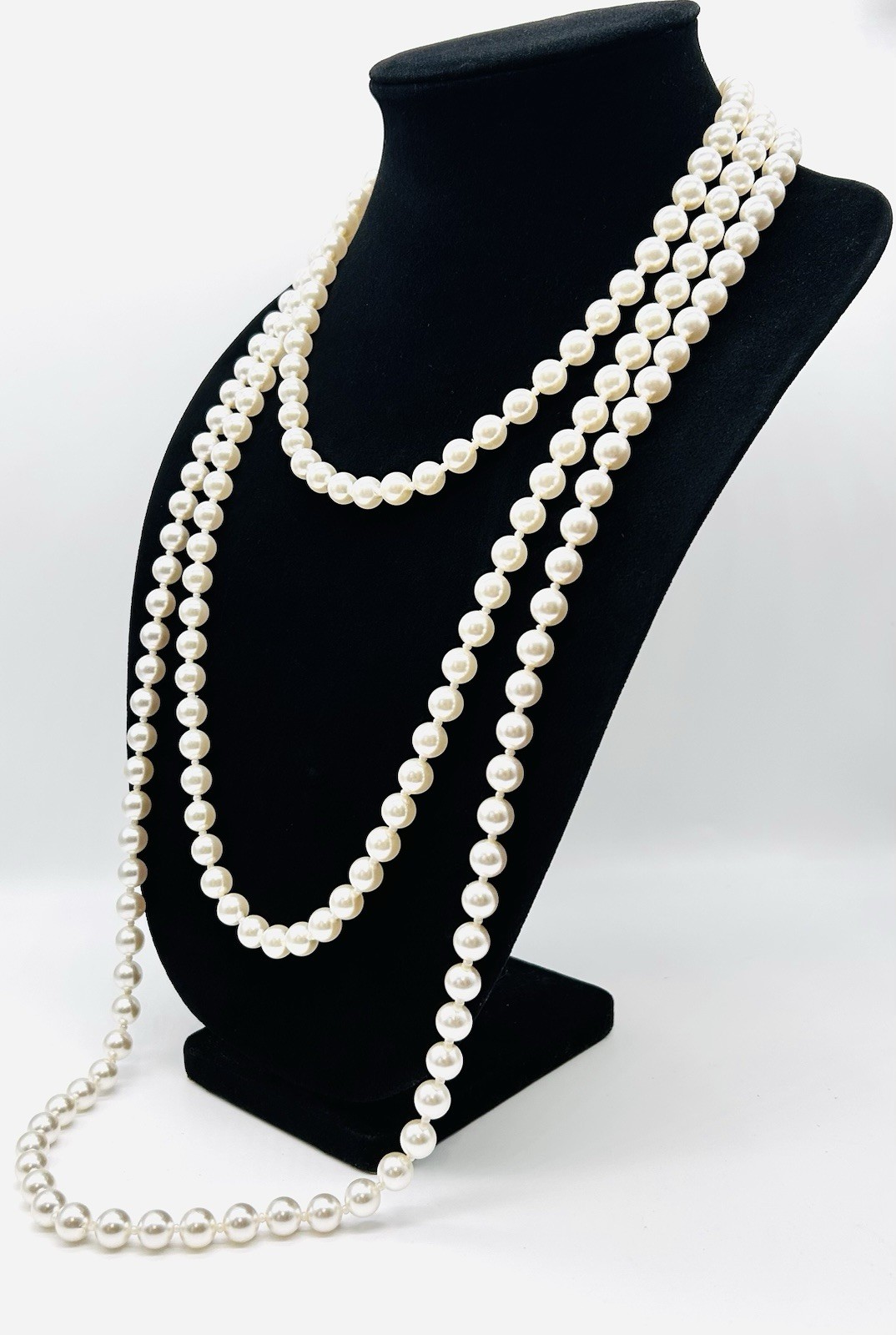 Vtg-TRIPLE STRAND-Multi-Length-FAUX PEARL NECKLACE-Gold Tone-Large Box Clasp