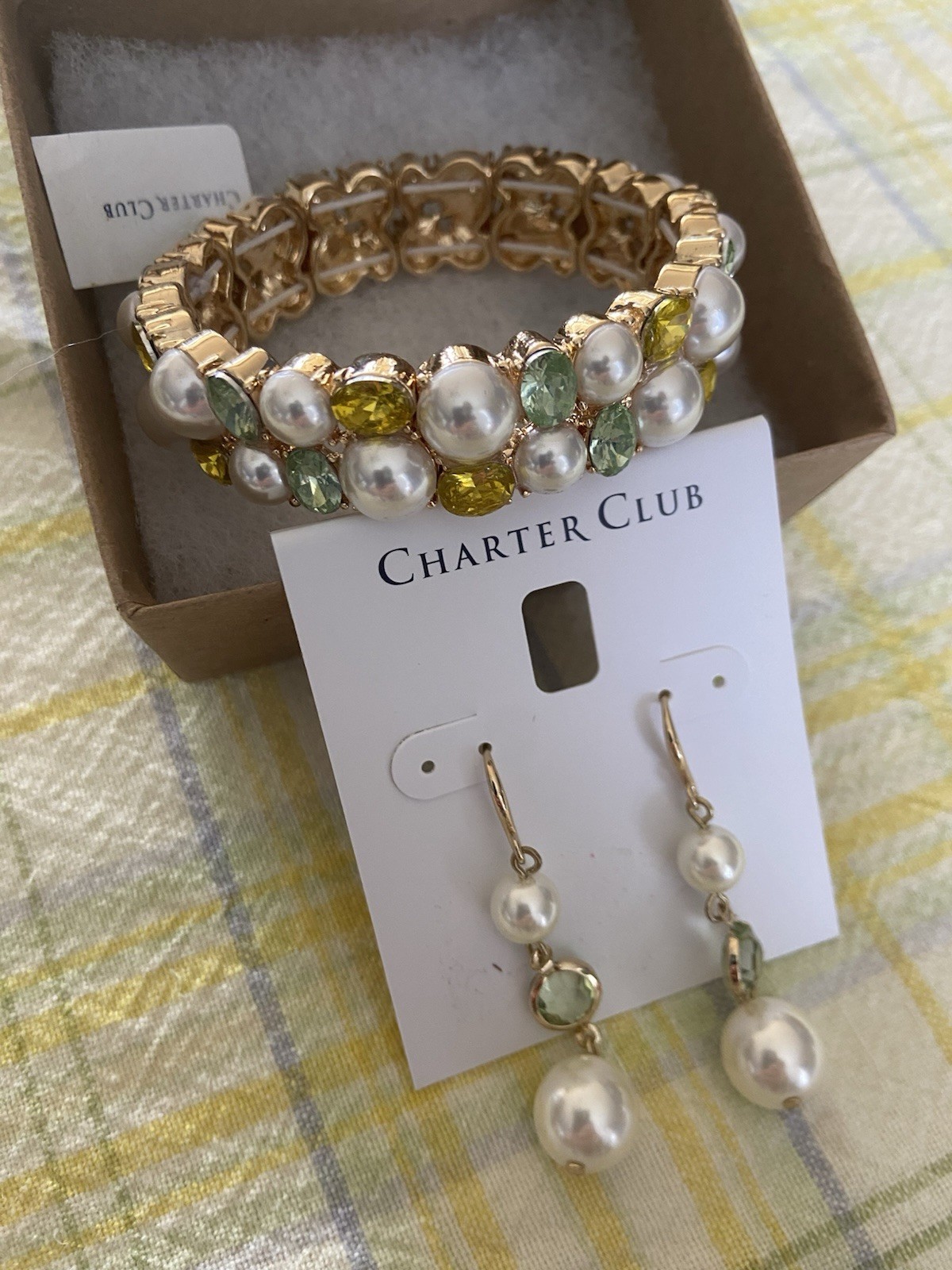 Charter Club 2-Pc. Set Faux Pearl, Yellow & Green Stones Bracelet & Earrings NWT