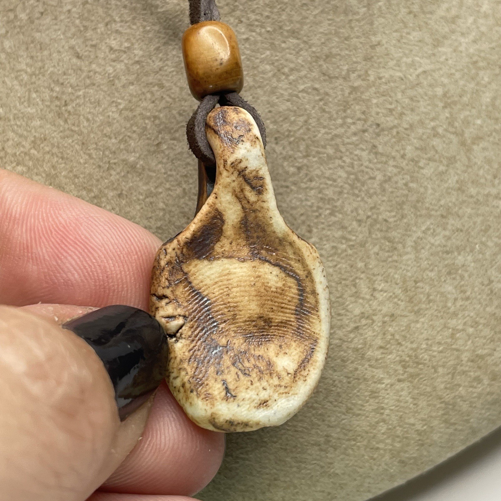 1970s Vintage Cermic Charm necklace Stone Bead Leather Cord Approx 24” Handmade