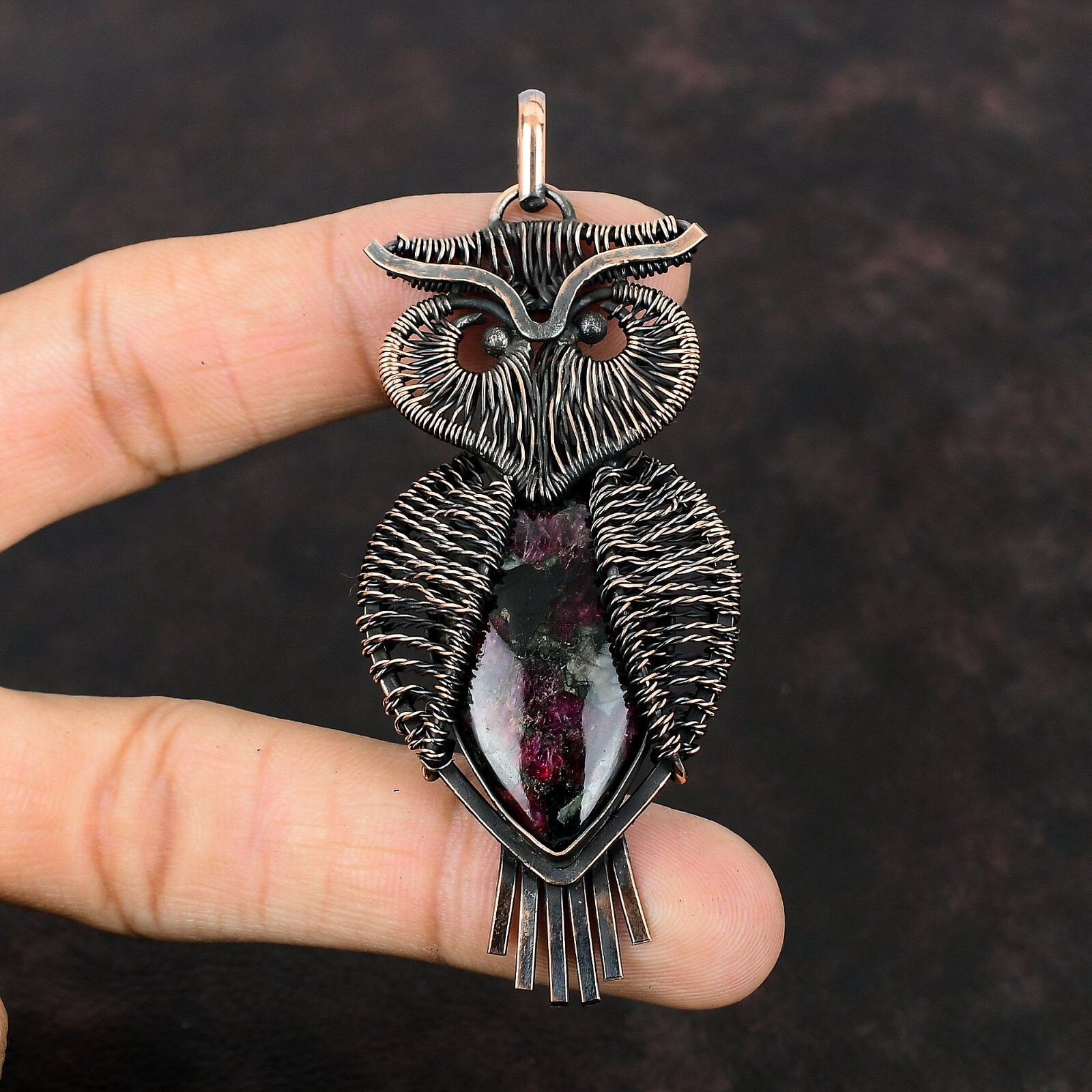 Valentines Sale Eudialyte Stone Copper Wire Wrapped Owl Wedding Pendant Jewelry
