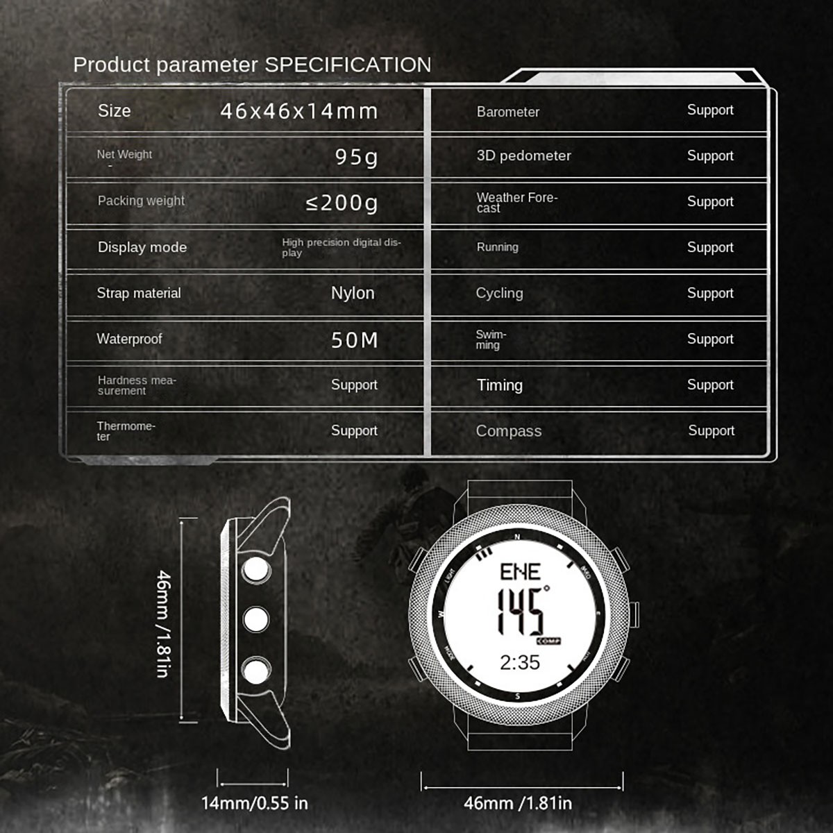 Men’s Outdoor Sport Tactical Smart Watch Altimeter Barometer Compass WristWatch`