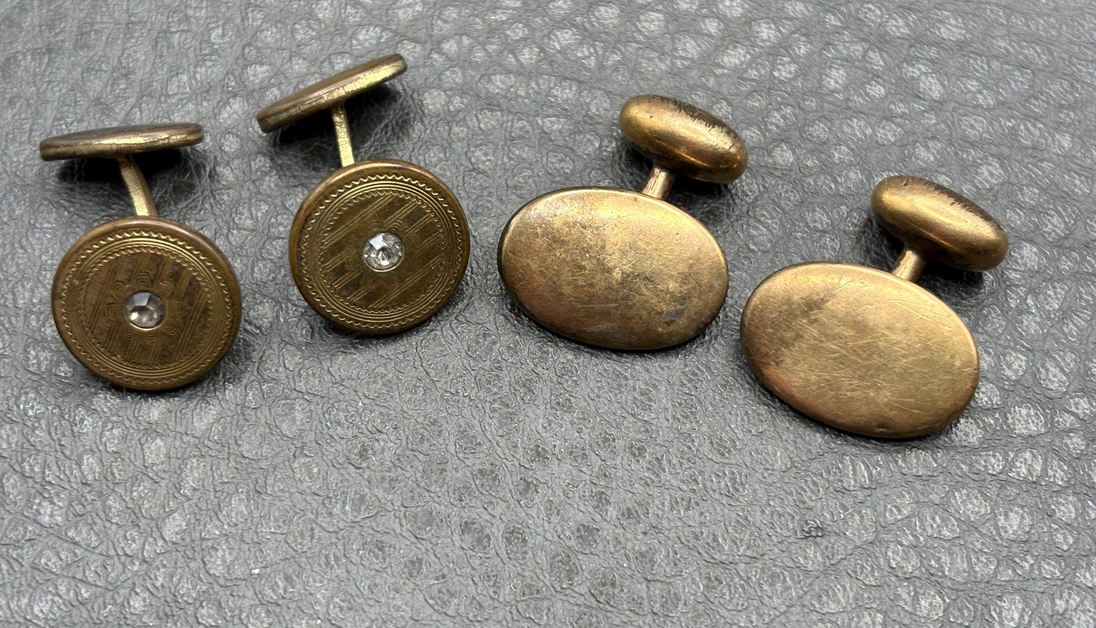 Vintage Lot 2 Pairs Victorian Gold Filled Cufflinks Etched Oval Paste Stones