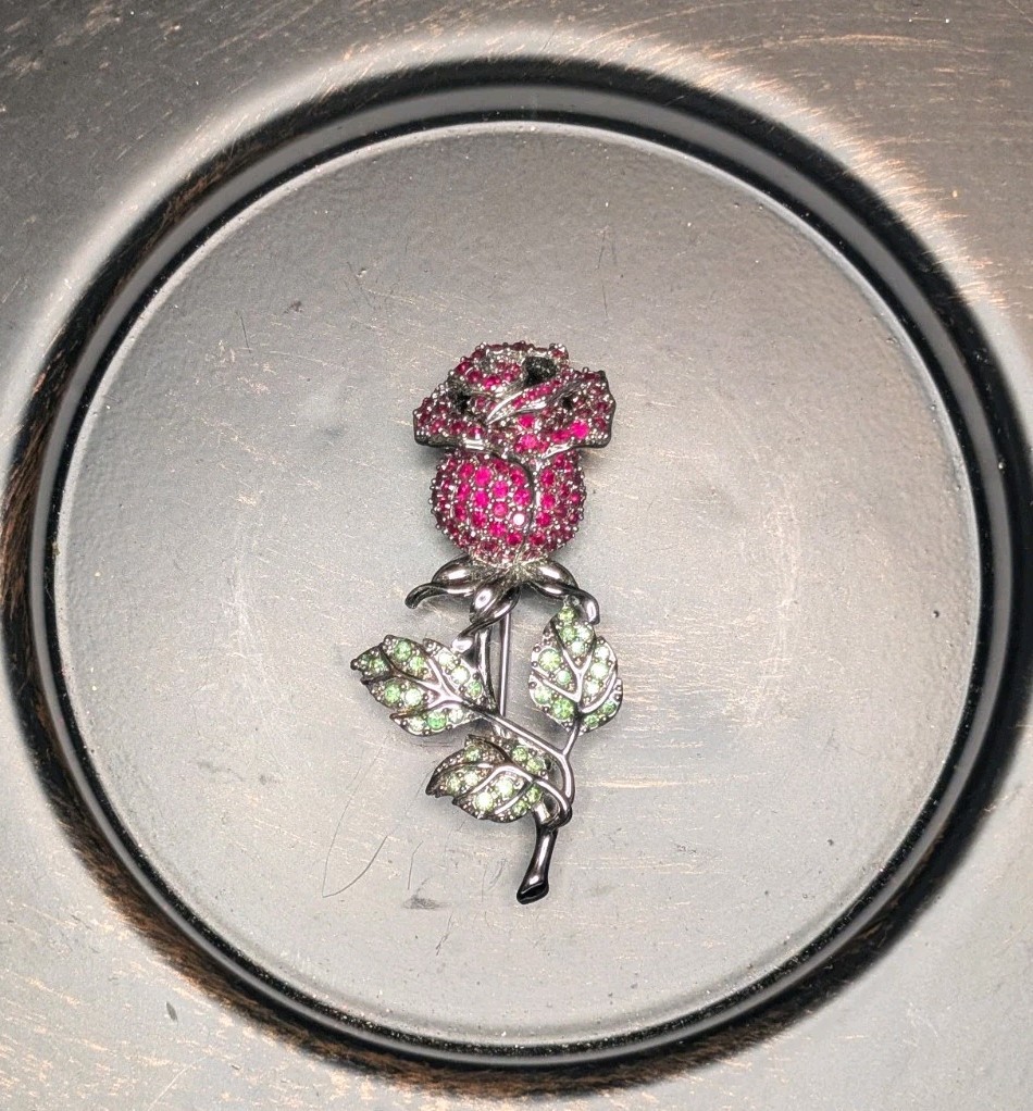 Retired Swarovski Rose Flower Pin Silver Tone Pink & Green Rhinestone Metal