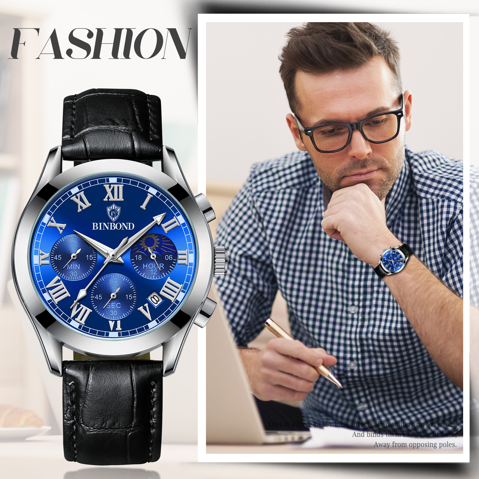 Men’s Waterproof Chronograph Dial Leather Band Causal Analog Quartz Date Watch