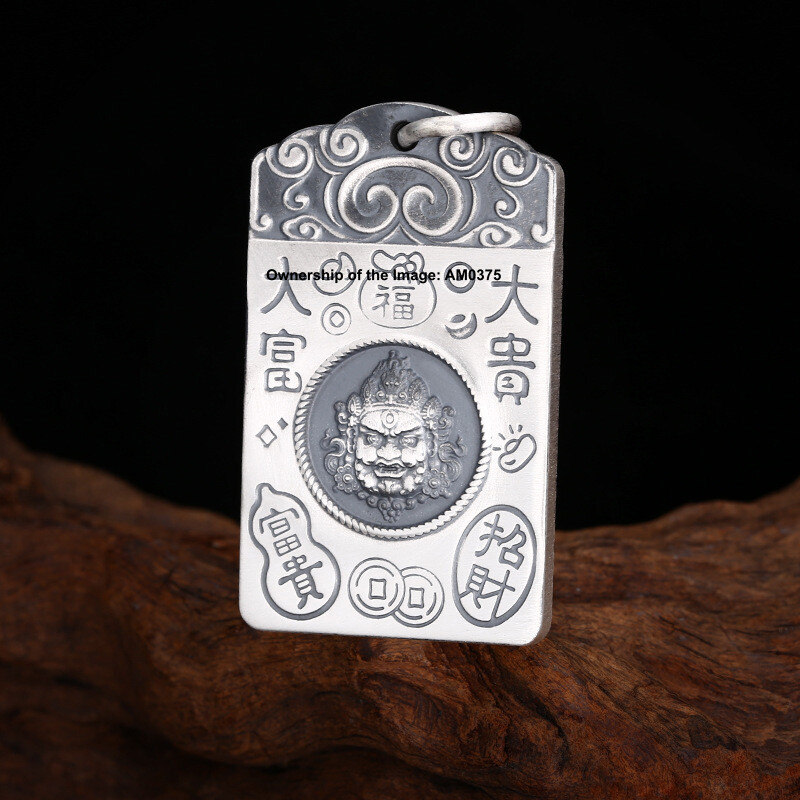 Solid 999 Fine Silver Pendant Good Luck Character Chinese Yellow Jambhala Amulet