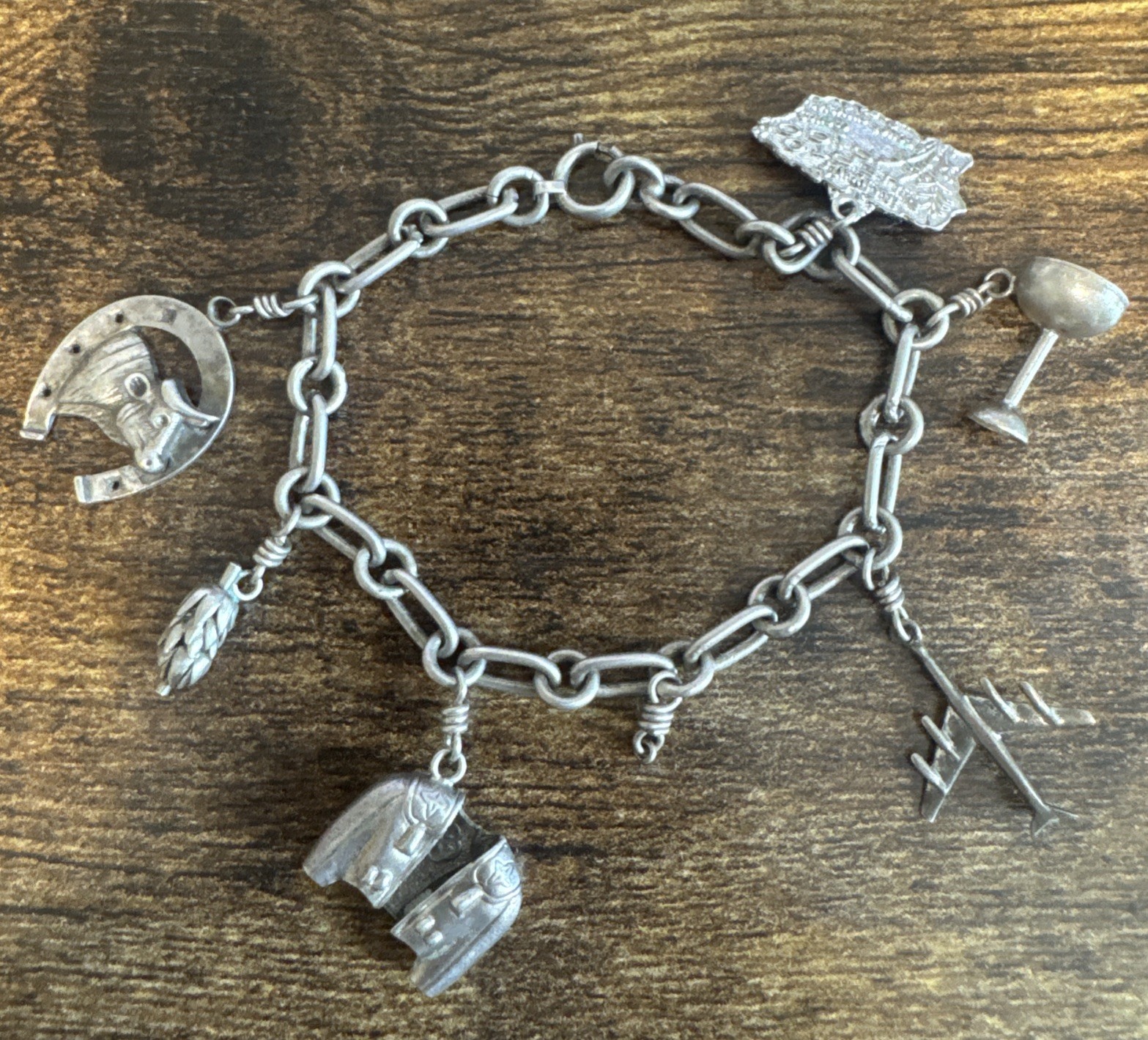 Vintage Estate 925 Sterling Silver Charm Bracelet 6 Charms – 22.4g, 7.25”