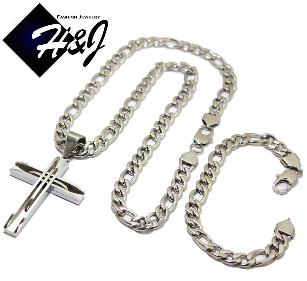 MEN’s Stainless Steel 8mm Silver Figaro Link Chain Necklace Bracelet Pendant*A