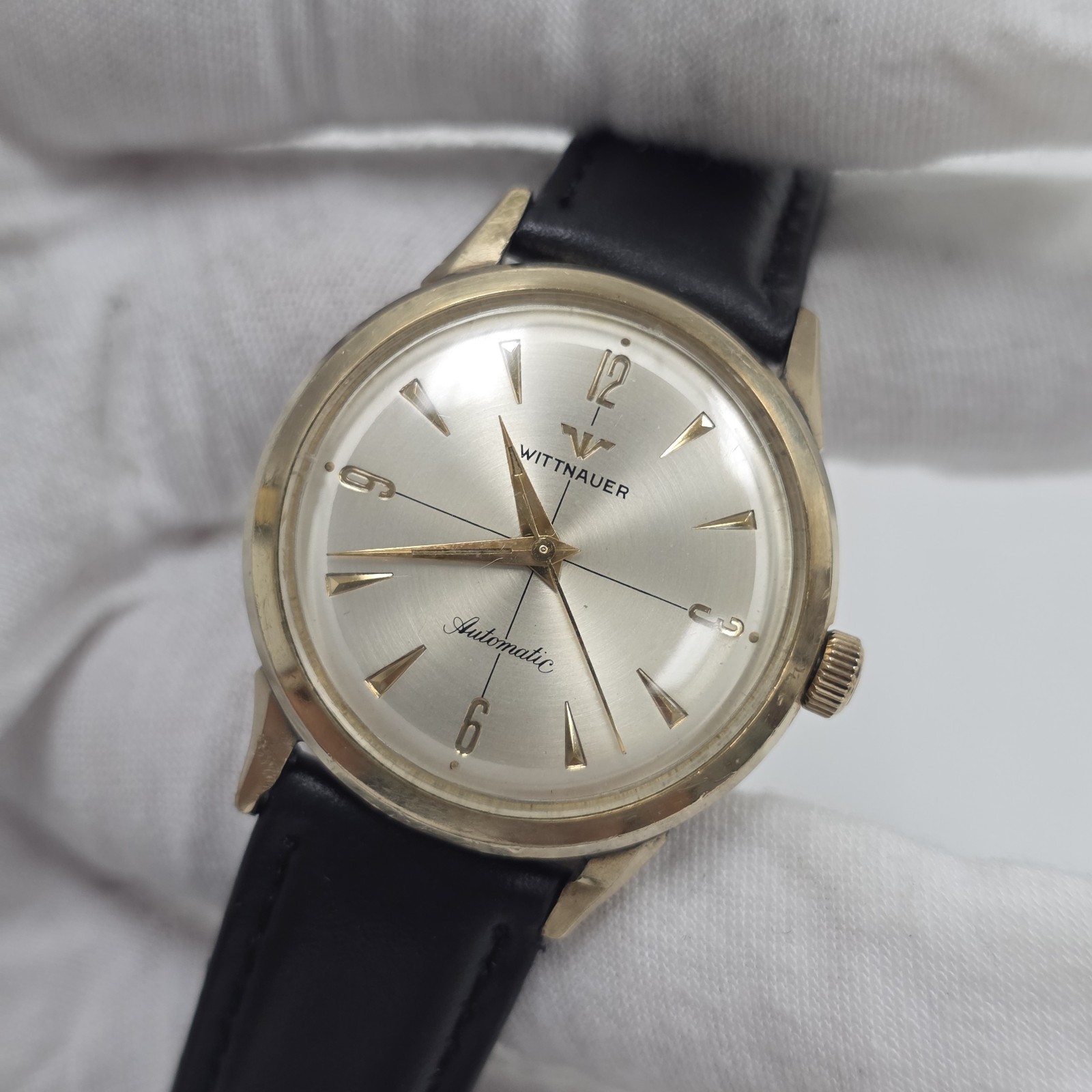 Vtg Wittnauer Mens Automatic Watch Swiss 11SR 17J 34mm Crosshair 10k Gold Filled