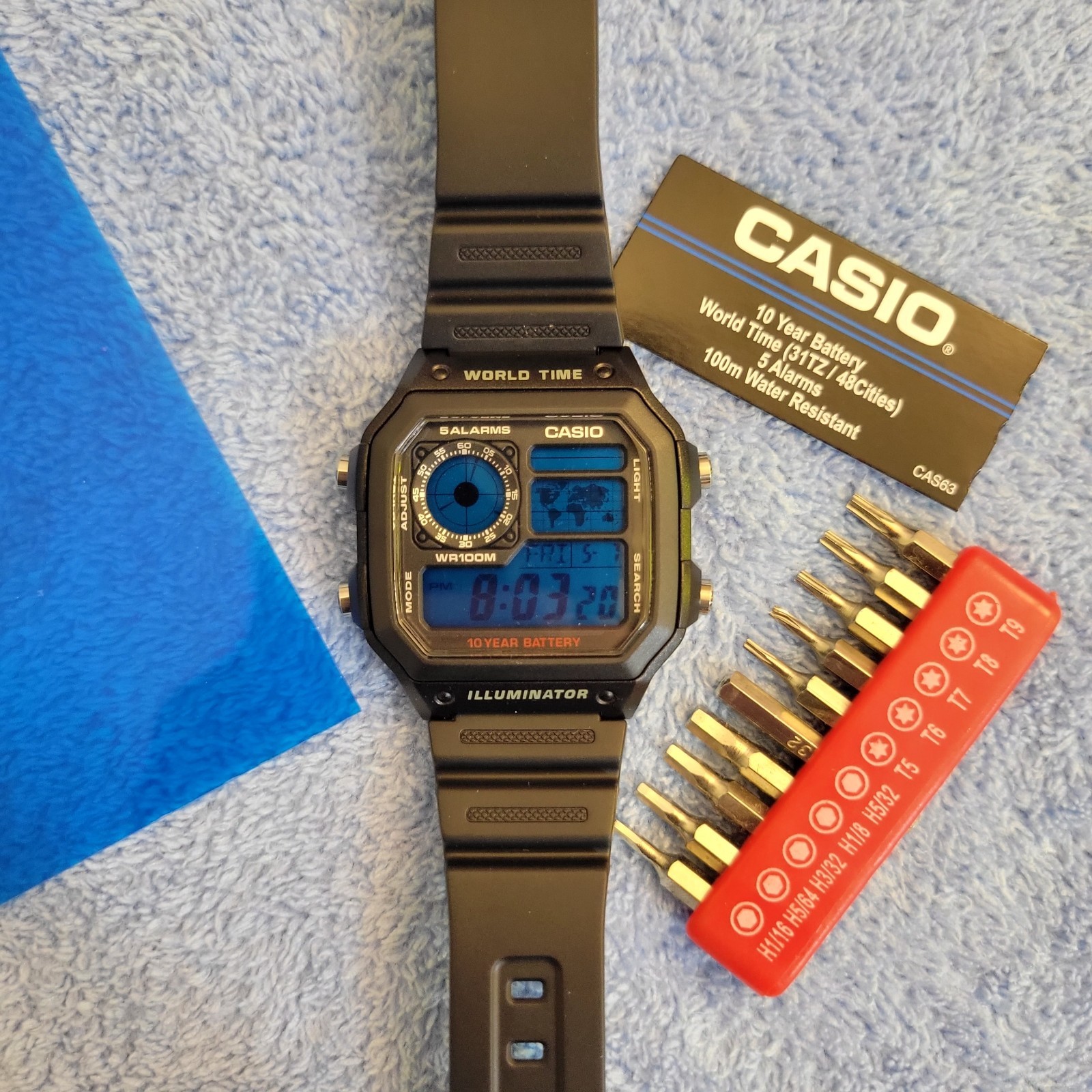 “Electric blue” Casio Royale (AE1200) Custom World Time Watch Mod Blue, New