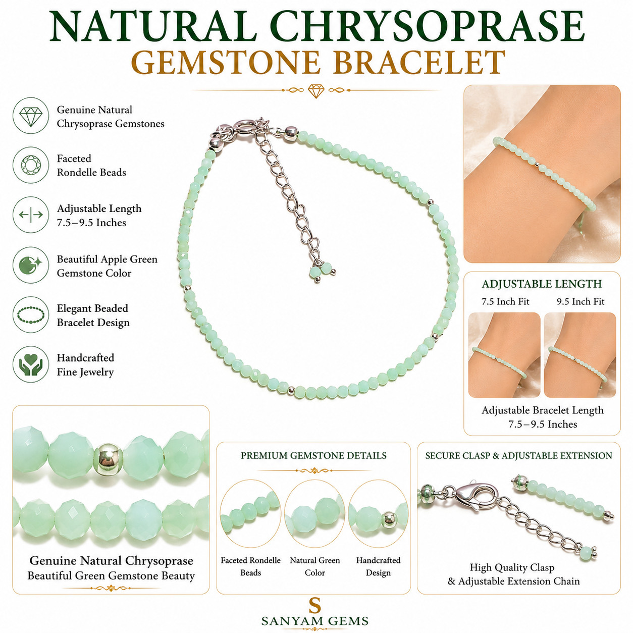 Natural Chrysoprase Gemstone Faceted Rondelle Beads Green Bracelet 7.5-9.5″