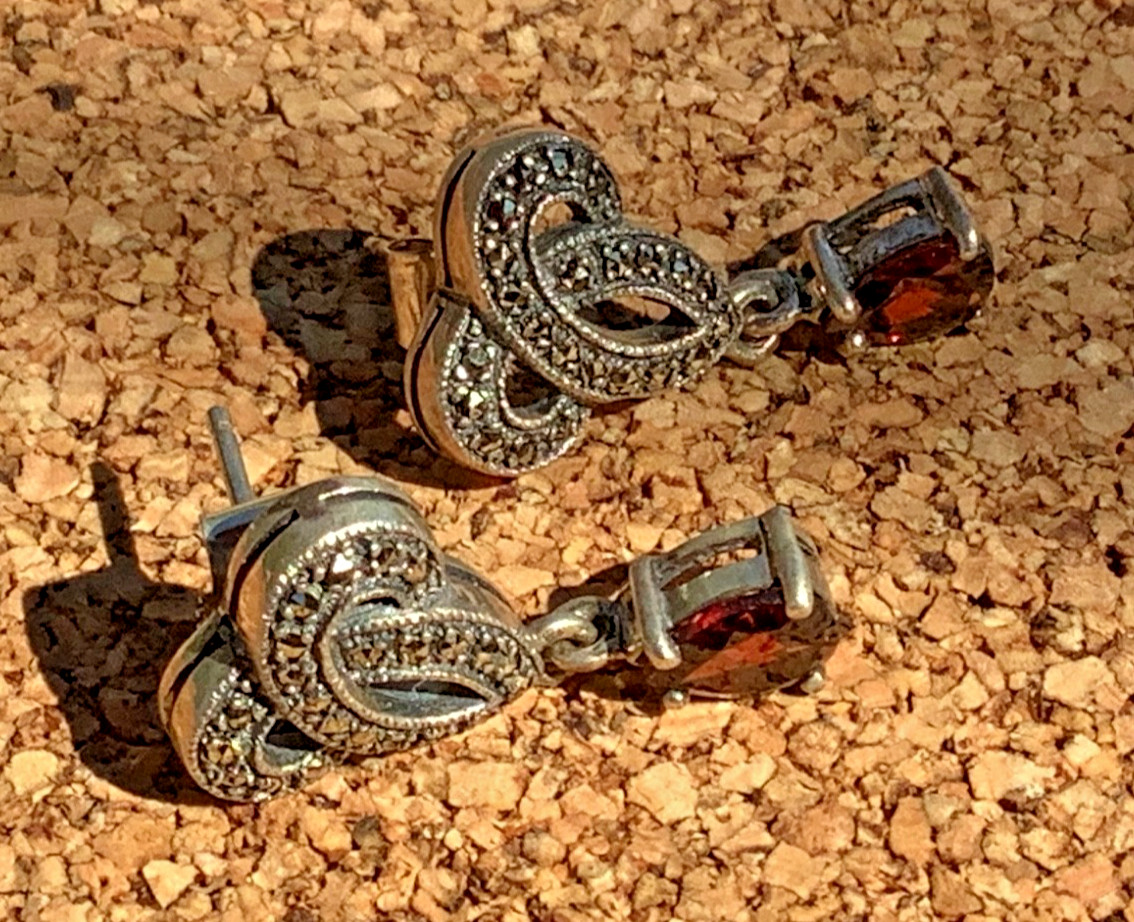 Designer Sterling Silver Marcasite & Garnet Dangle Drop Earrings Signed ACI
