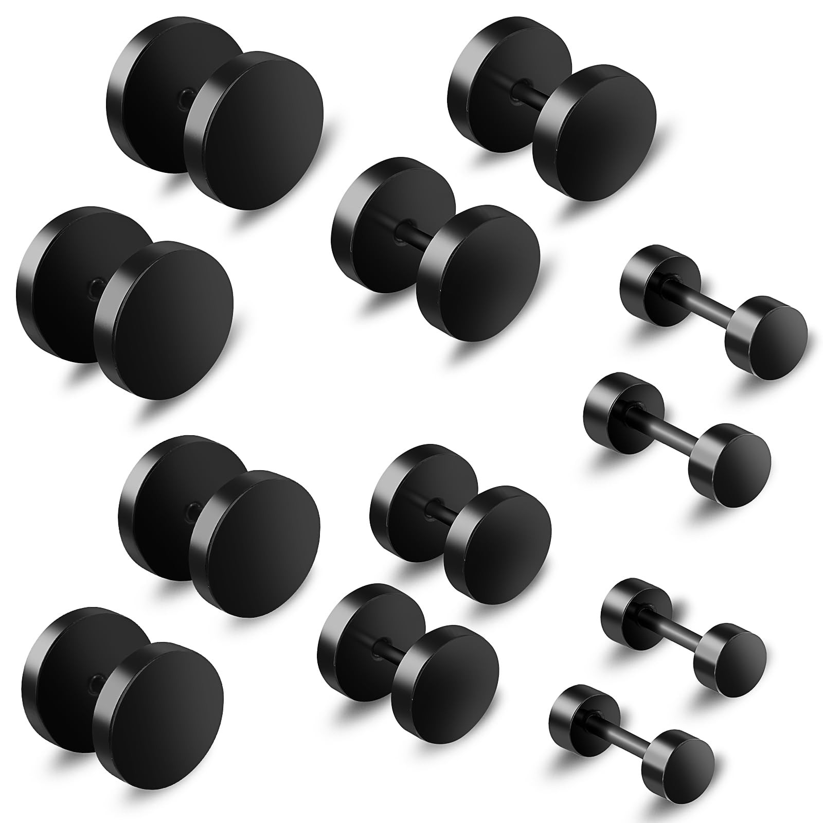 6 Pairs Flat Back Earrings, Black 4mm, 5mm, 6mm, 7mm, 8mm, 10mm,