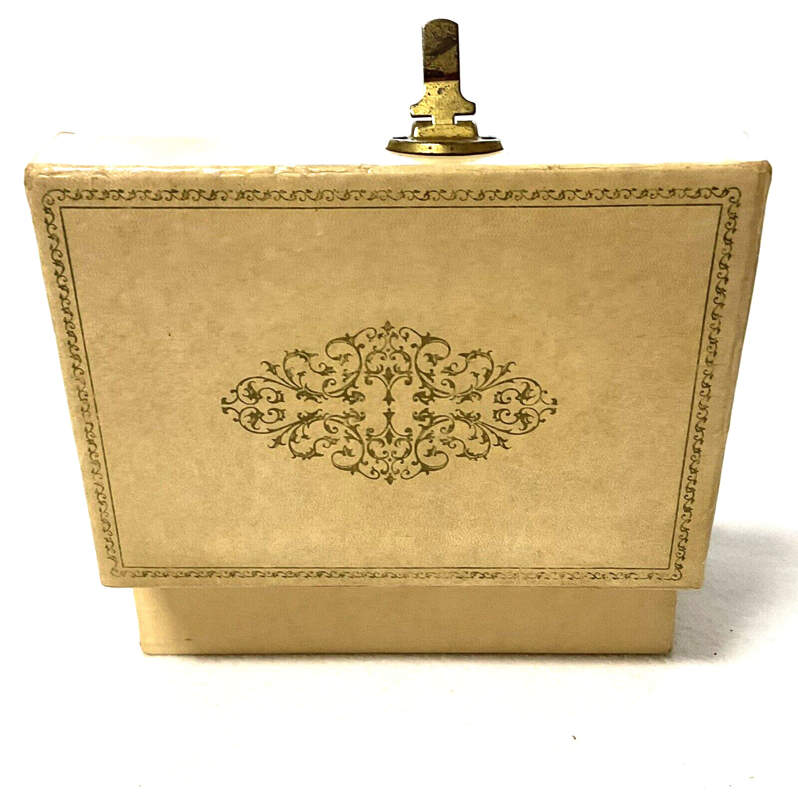 Vintage MCM 2 Level Beige/Gold Jewelry Box Sage Green Interior Flip Lock No Key