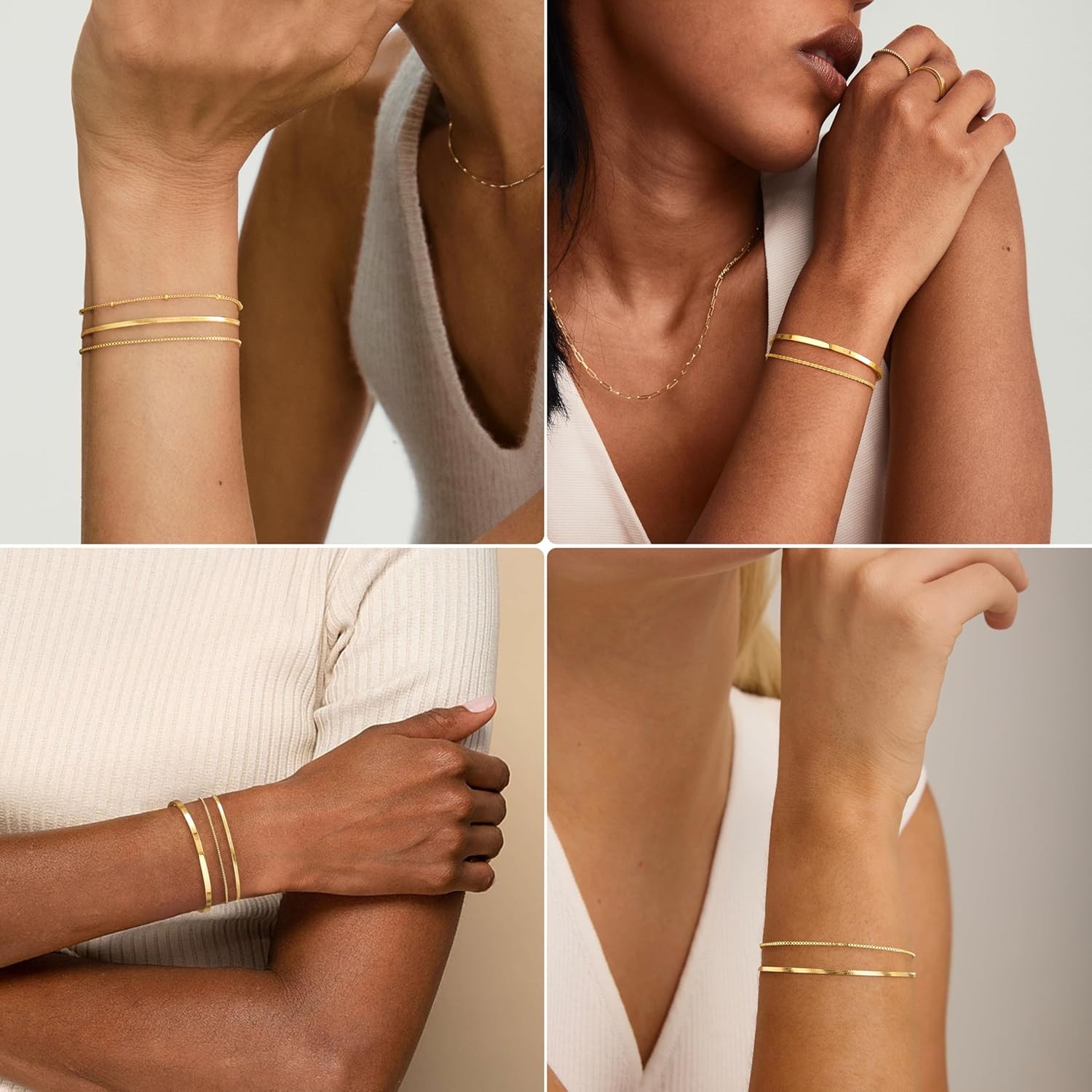 Thin Dainty Gold Bracelet for Women Stack, 14K Gold Plated Bracelet Stackable Se