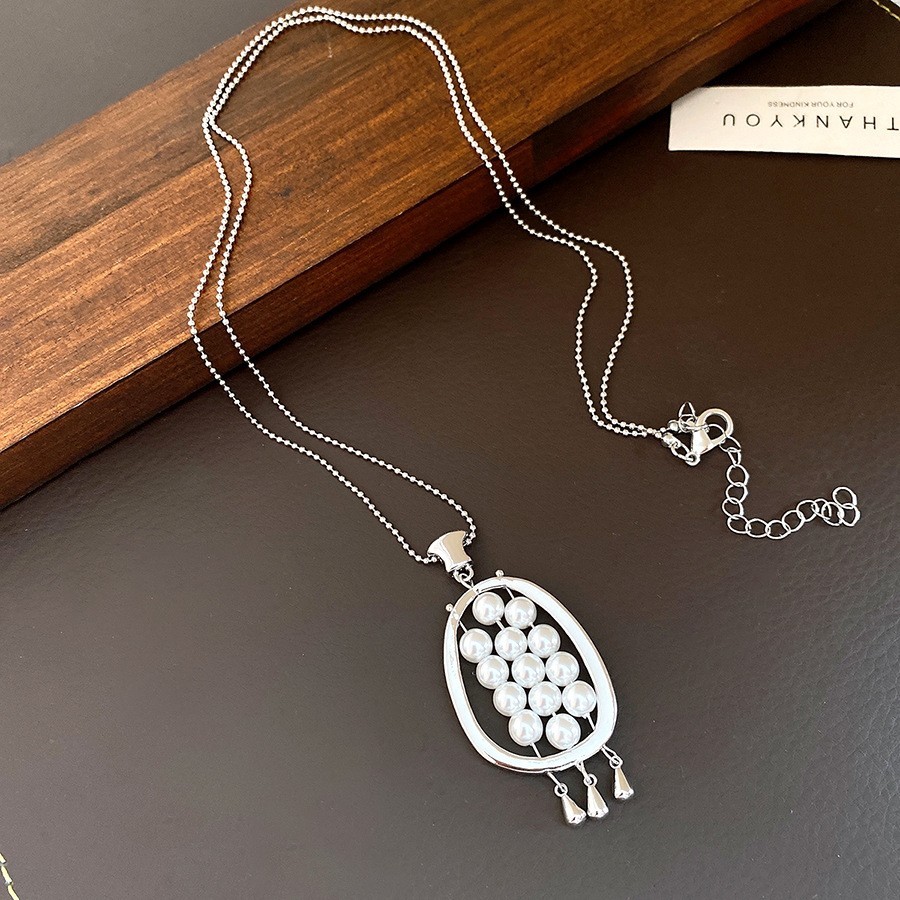 Vintage Simulated Pearl Oval Pendant Necklace Long Chain Tassel Jewelry Women