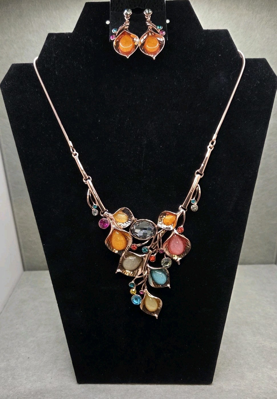 Rose Gold Tone Necklace Earrings Set MultiColor In Leaf Design Unbranded