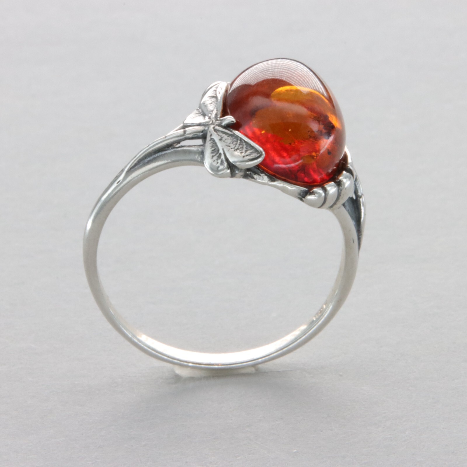 Oval Cognac / Brown BALTIC AMBER Dragonfly Ring 925 STERLING SILVER Poland #58e
