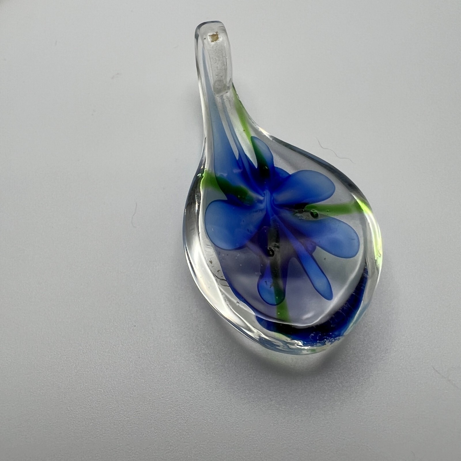 Blue Flower Glass Pendant Teardrop 2 1/2 inches