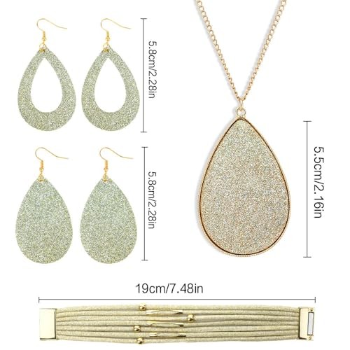 4 Pieces Women’s Glitter Jewelry Set Faux Leather Earrings Necklace Gold
