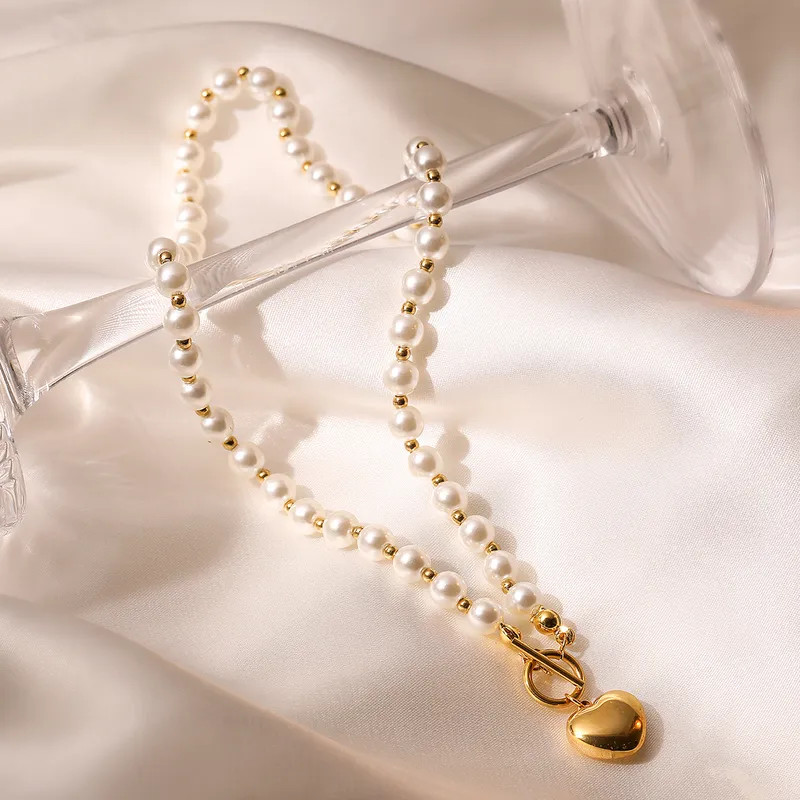 304 Stainless Steel Pearl Heart Necklace Gold Toggle Clasp Waterproof Women Gift