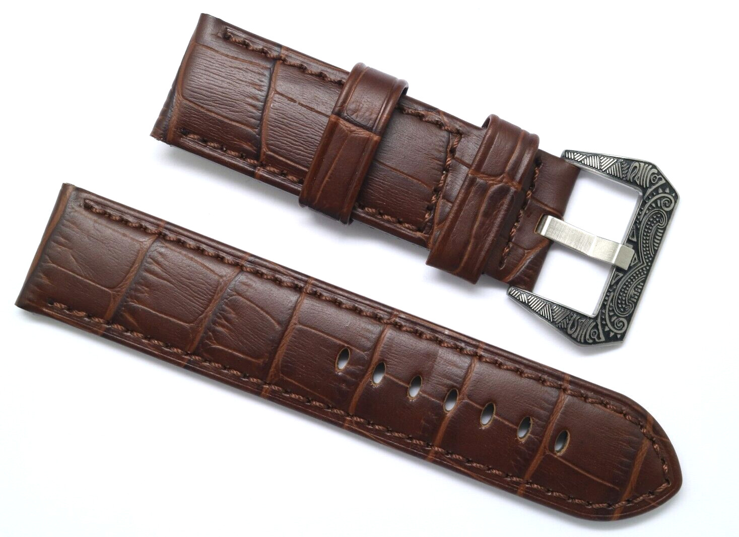 24mm Brown Croco Embossed Leather Watch Band Stainless Retro Engraved Buckle
