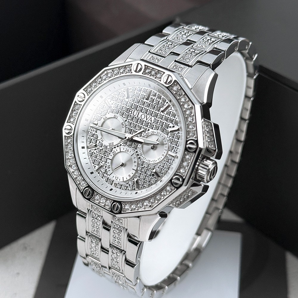 Bulova Men’s Octava Crystal 96C134 Silver Dial Stainless Quartz Watch 41.5mm