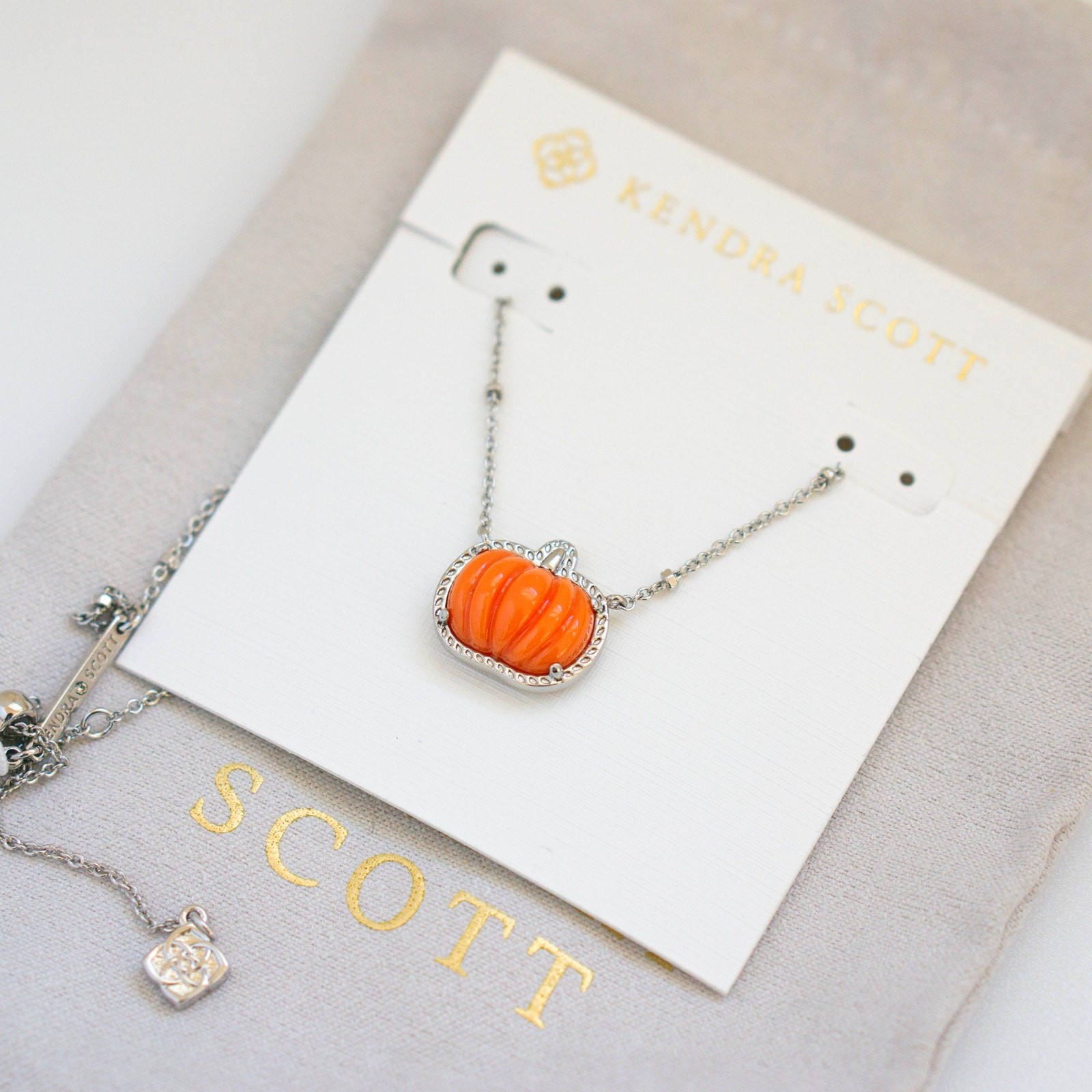 Kendra Scott Pumpkin Silver Short Pendant Necklace in Orange Mother of Pearl