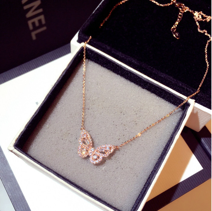Sterling Silver Crystal CZ Butterfly Pendant Necklace Choker chain Gift Box PE50