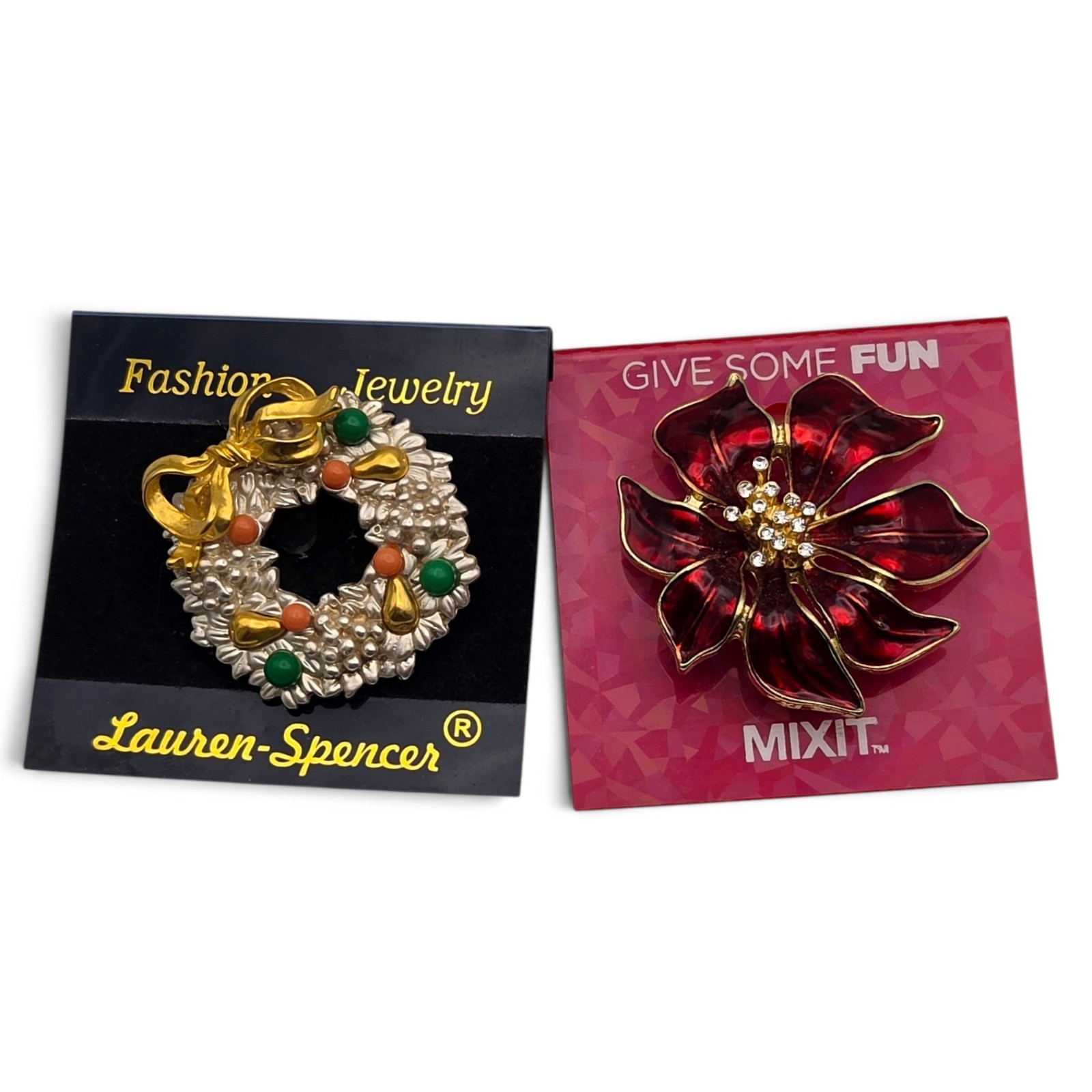 Lot of 2 Vintage 1990s Christmas Brooch Set NEW on Card Wreath & Poinsettia Pins