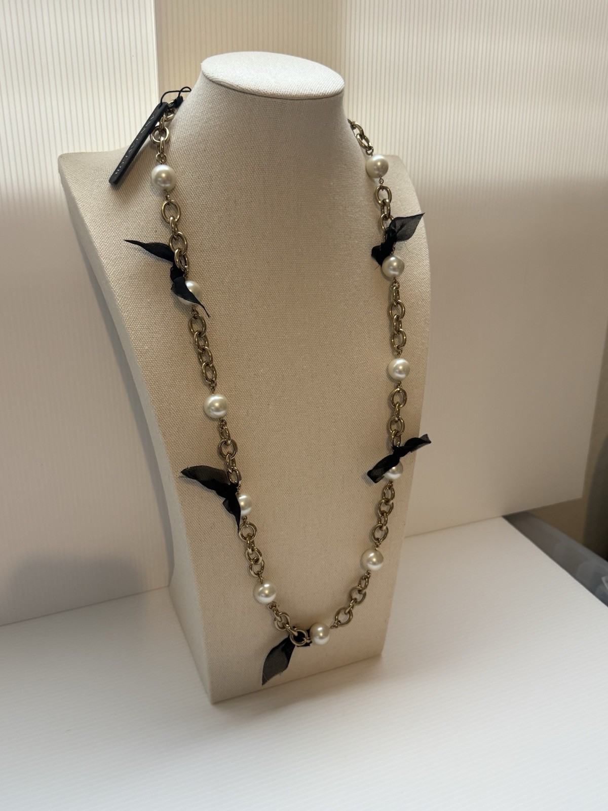 90’s Ann Taylor NWT Statement Necklace Chain Pearl Ribbon Heavy Chunky 33.5” L