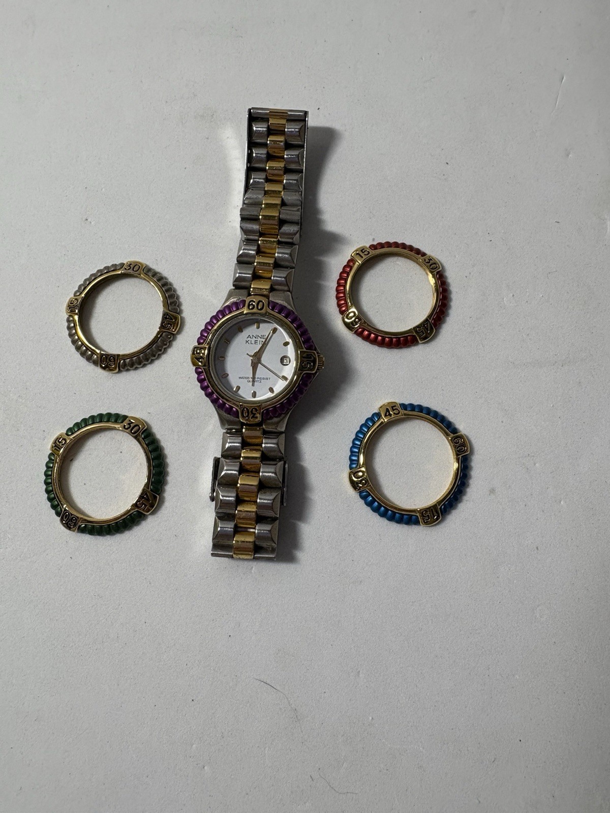 Anne Klein Gold Tone 5 Changeable Face Rings Water Resistant 100 Feet