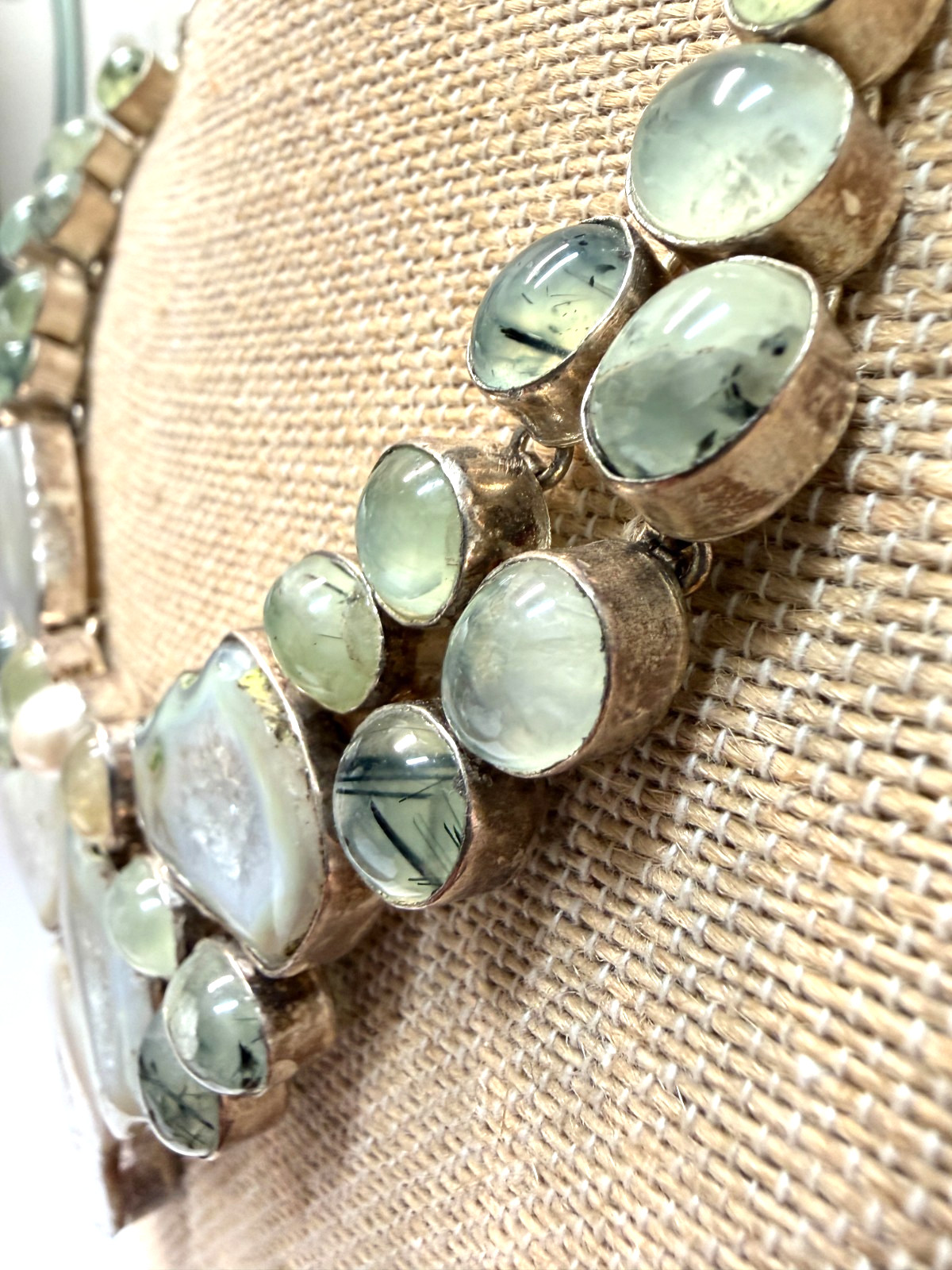 925 Silver Prehnite Agate Slice Bib Necklace Druzy Tourmaline Geode Boho Jewelry