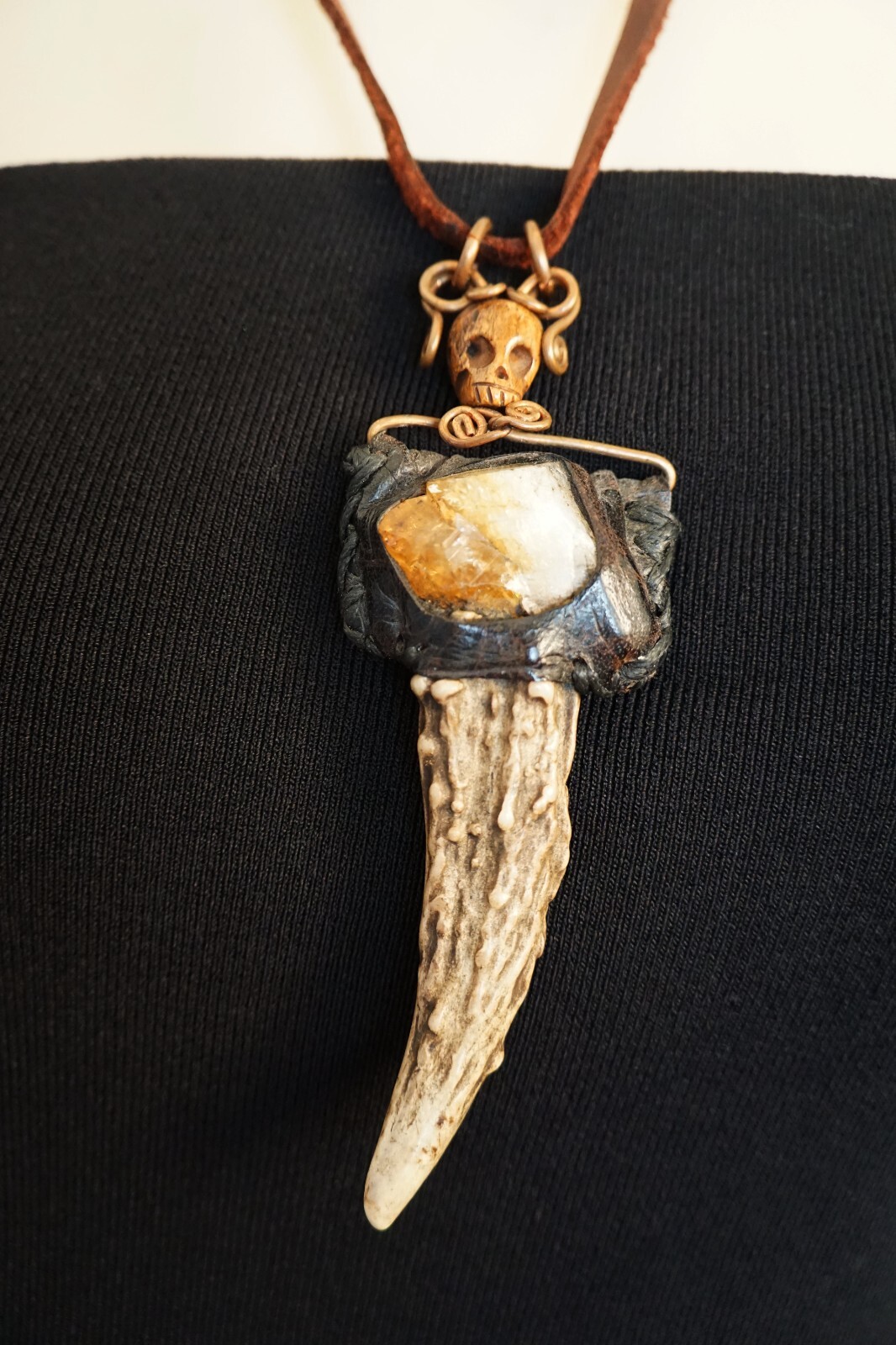 Artisan Crafted Statement NECKLACE with Skull, Talon, Izida Gem Stitched Leather