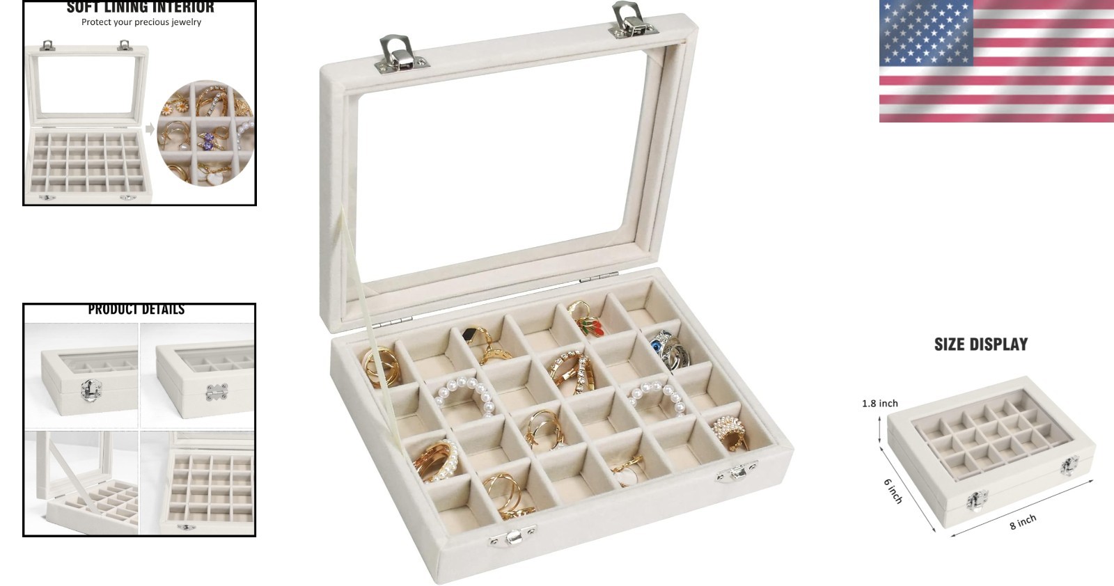 Portable Velvet Jewelry Box with Glass Lid – 24-Grid Holder for Accessories
