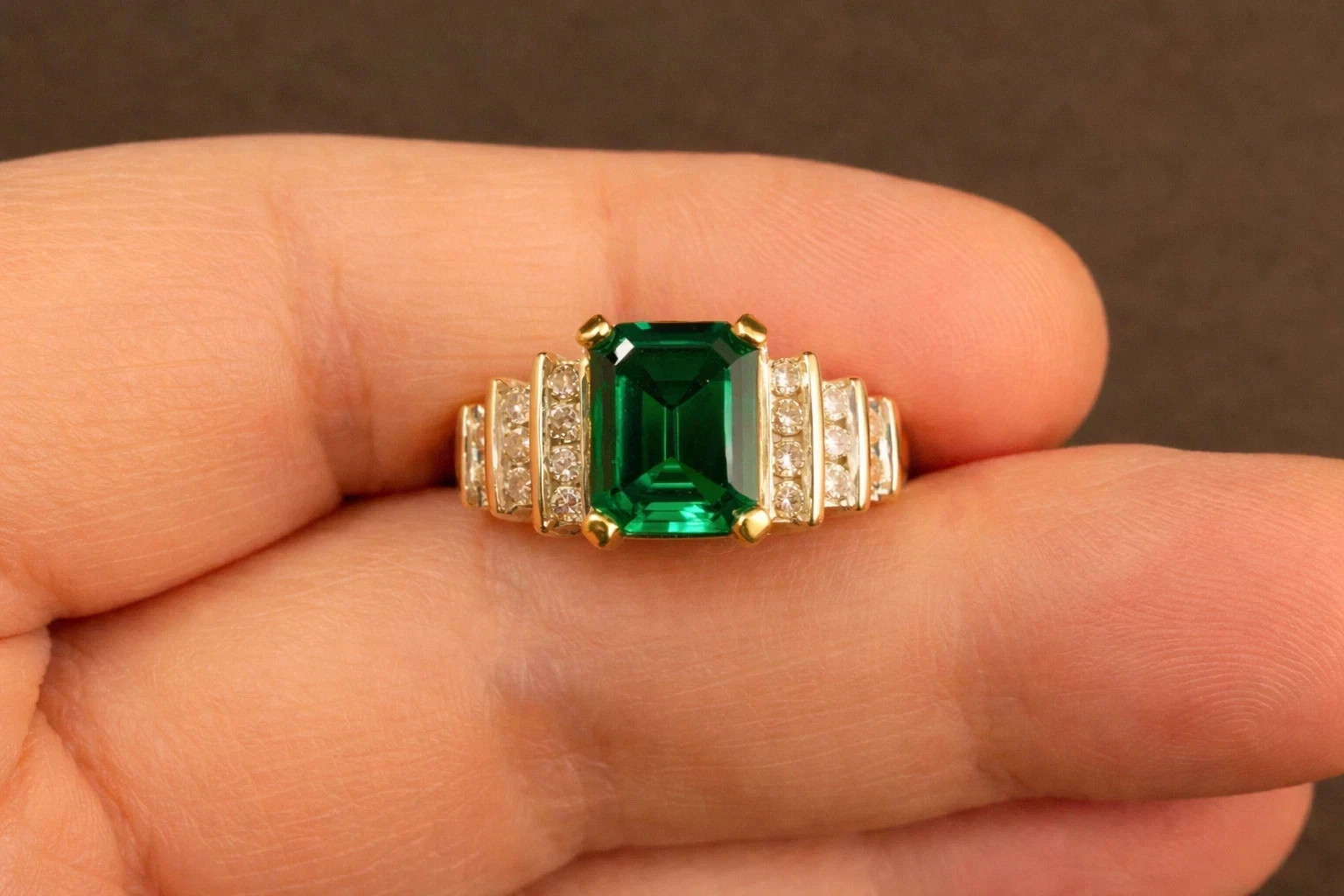 3.20 Ct Emerald Cut Natural Emerald & Diamond Wedding Ring 14K Yellow Gold