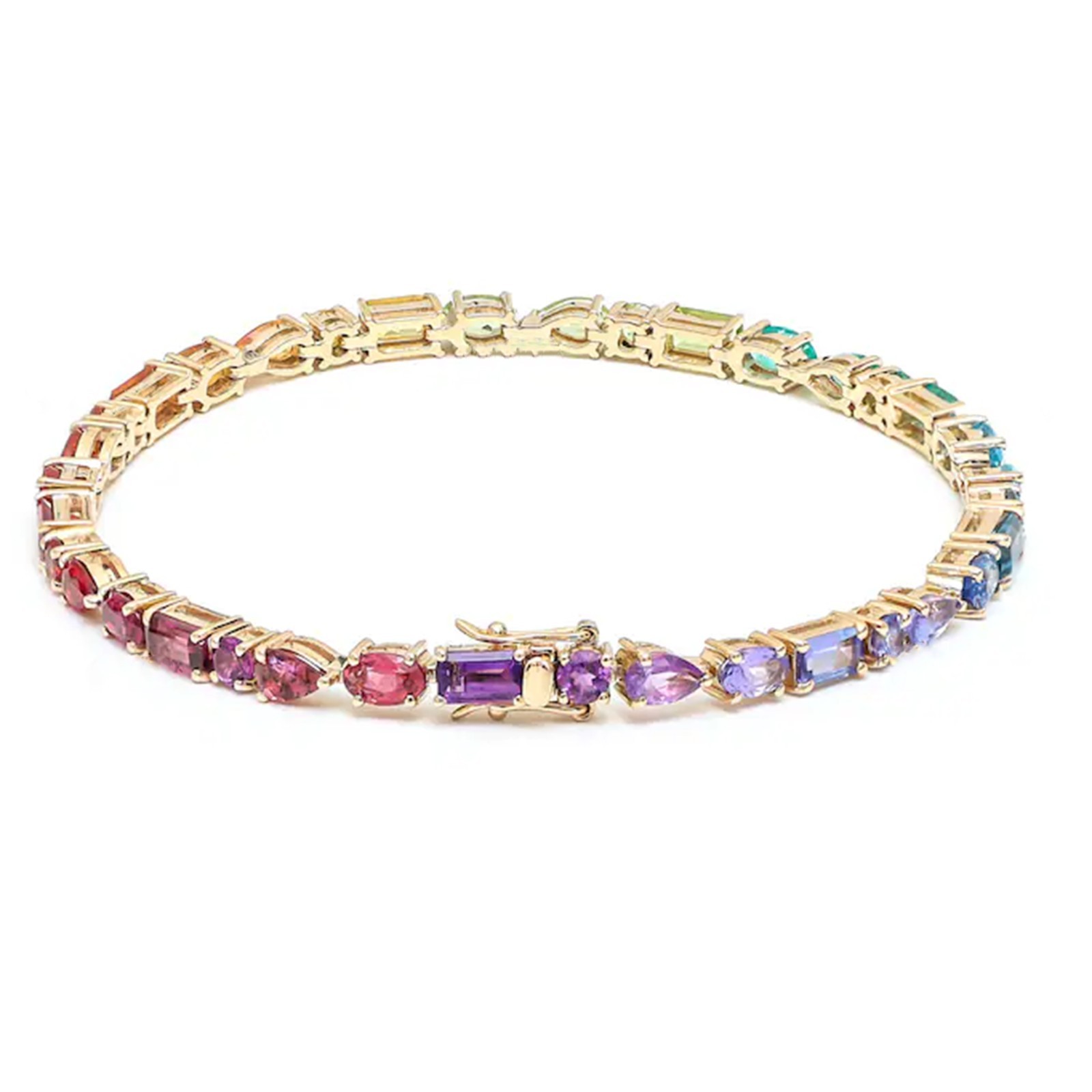 Multi Shape Rainbow Gemstone Tennis Bracelet In 14K Yellow Gold Handmade Jewelry