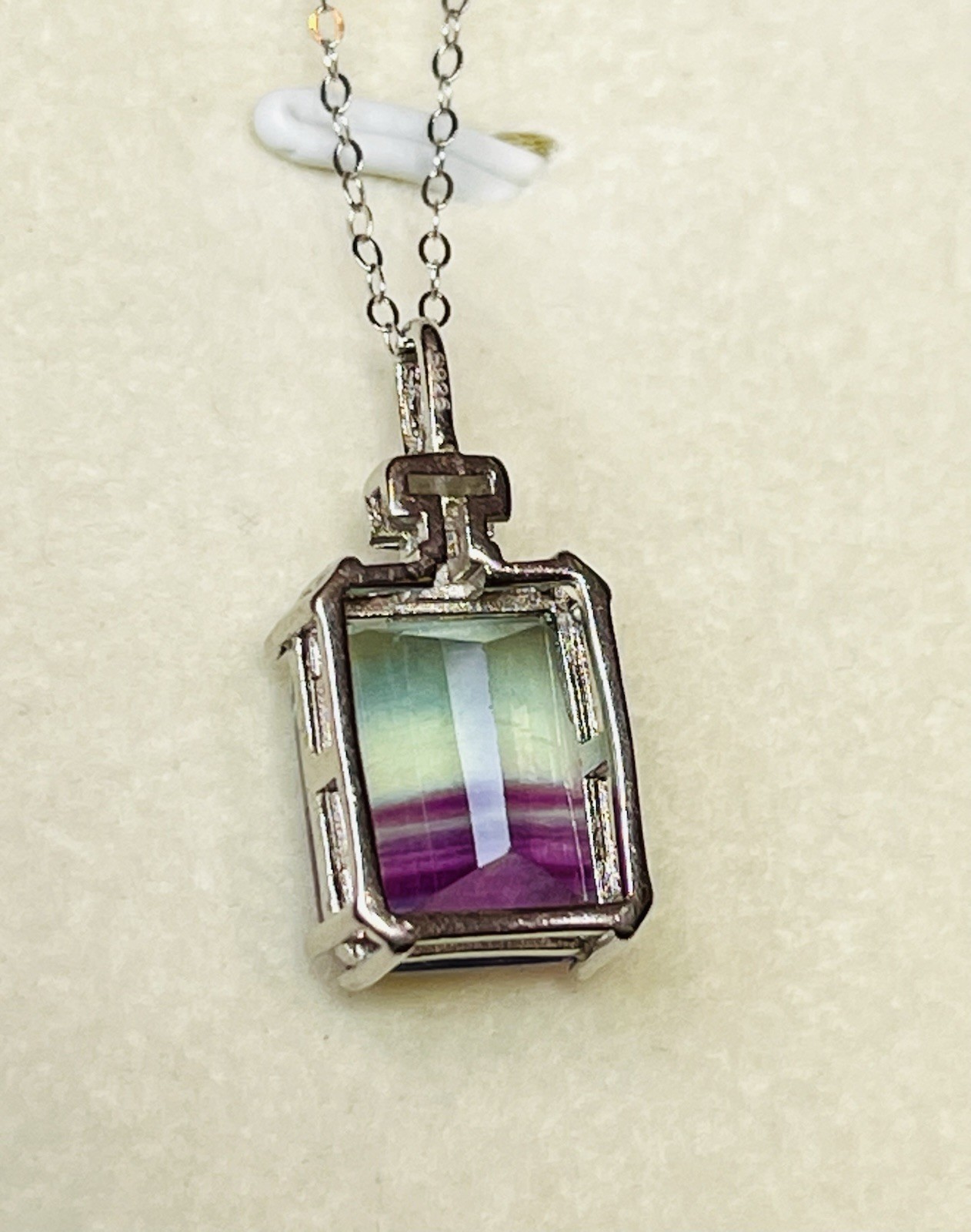 925 Sterling Silver Emerald Cut Natural Rainbow Fluorite Pendant Necklace