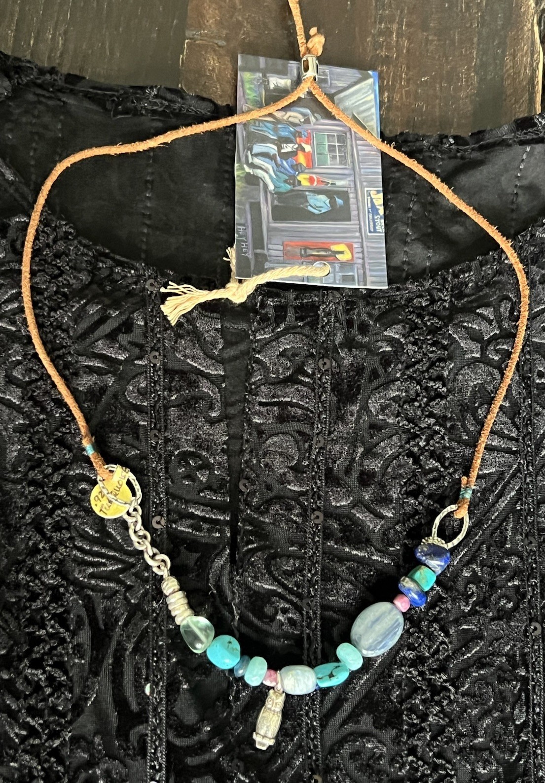 HeyHey Be Wise Gemstone Necklace Sterling Owl Leather Kyanite Turquoise Lapis
