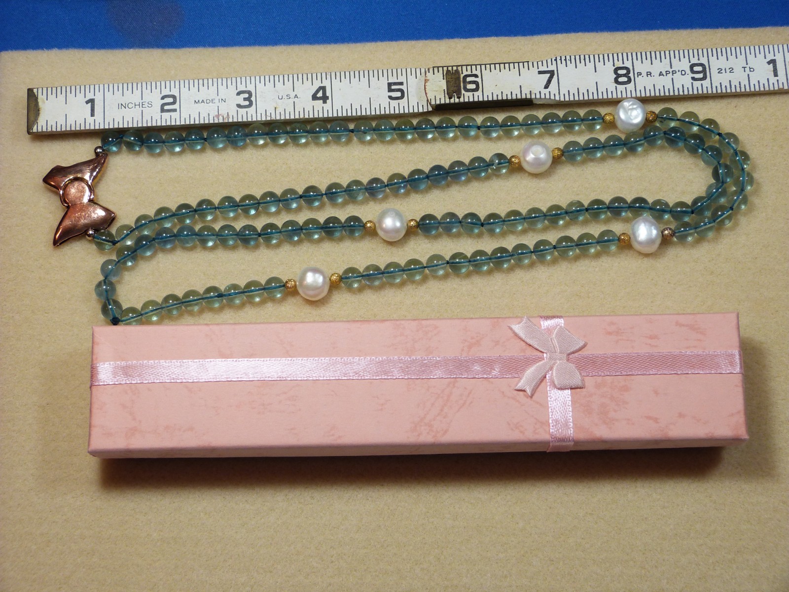 Vintage artisan blue fluorite necklace with large pearls & clasp